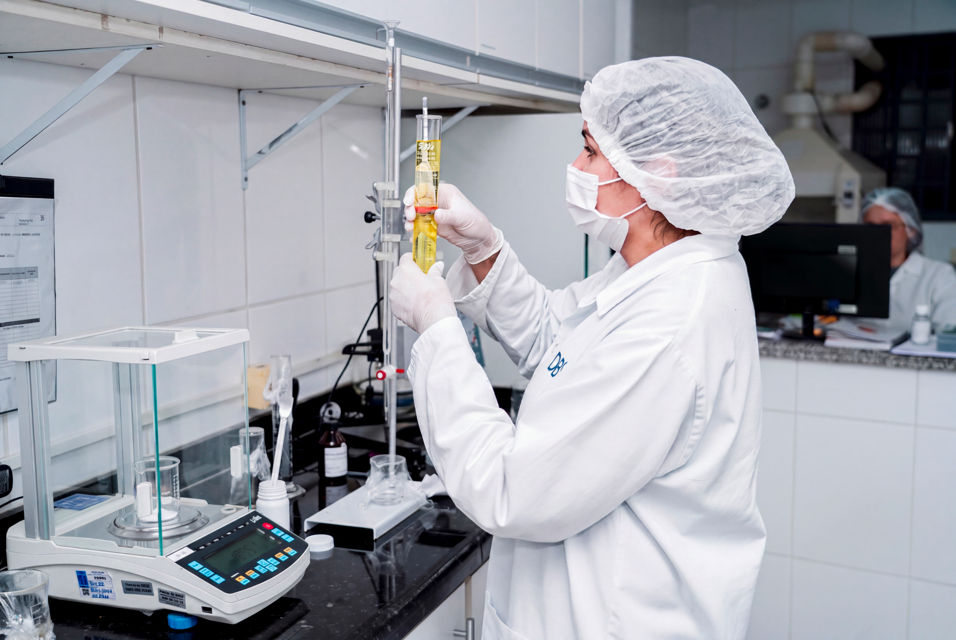 Profissional de laboratório realizando controle de qualidade na fábrica DBS