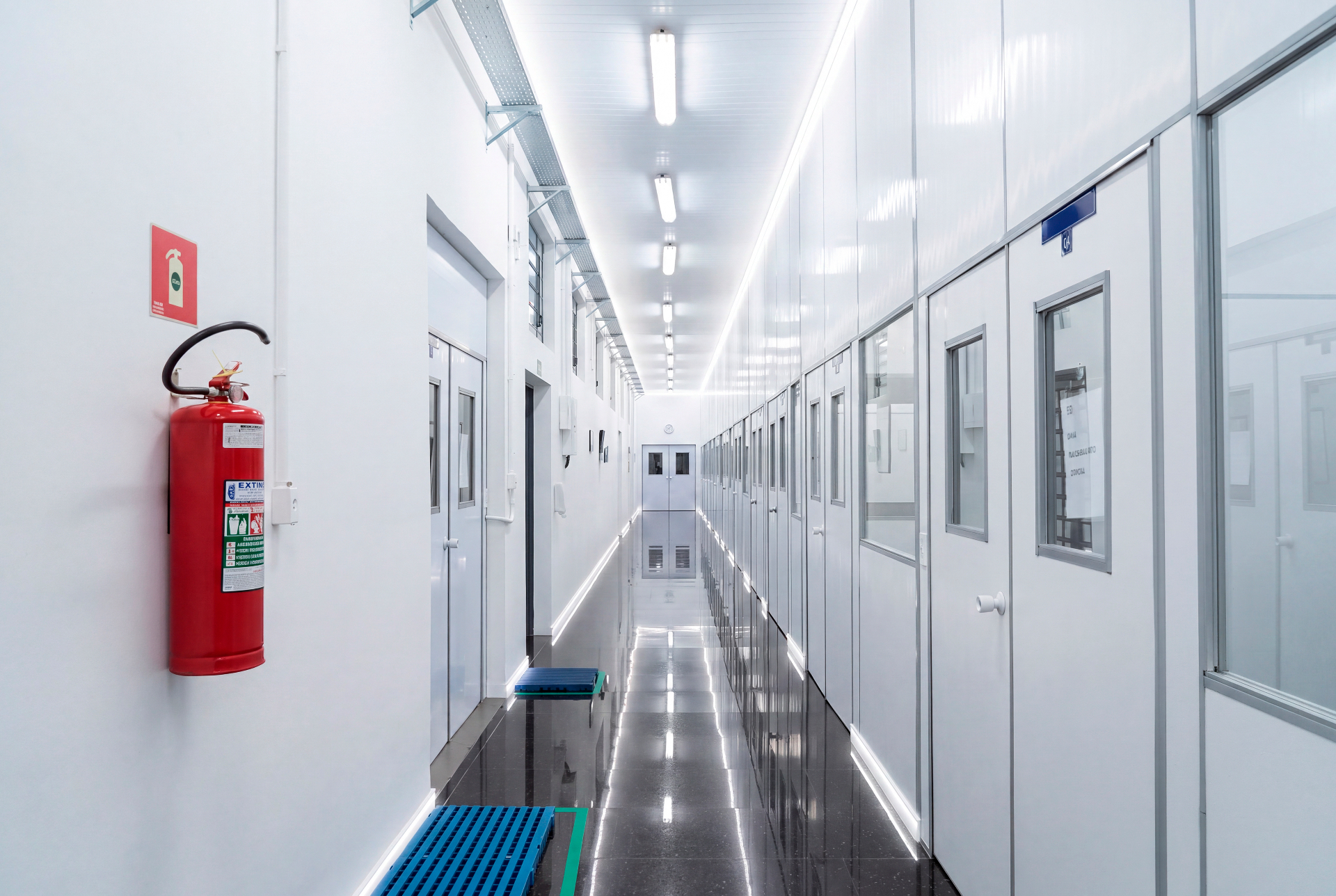 Pasillo de salas de producción controlada de la fábrica DBS